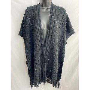 The Skyline Collection Cardigan Sweater Poncho Chunky Cable Knit Black Sequin OS